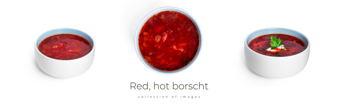 Red, hot borscht - beet soup with sour cream and herbs in black pot isolated on a white background.