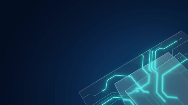 Abstract technology animation with glowing cyan circuit lines pulsing through glass panels on dark background