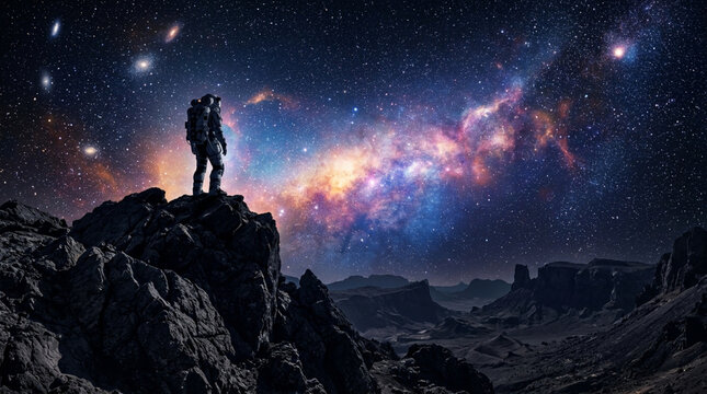 Astronaut in a space suit standing on a rocky mountain peak looking at a vibrant milky way galaxy and nebula in deep space