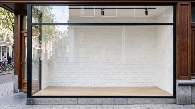 Empty retail store window display with white brick wall and wooden floor