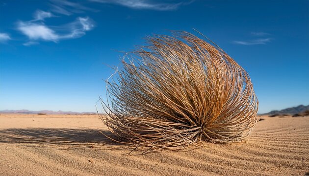A Spherical Tumbleweed Of Dry Grass Rests On Sandy Ground Under A Clear Sky