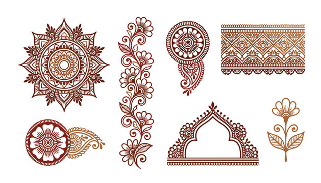 Mehndi henna tattoo vector set with traditional indian mandala floral borders paisley patterns and ethnic body art elements