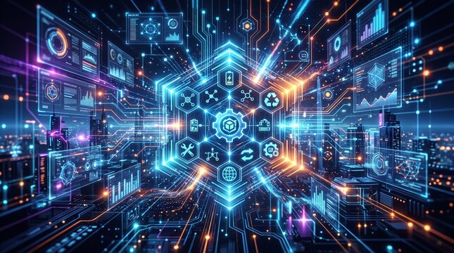 Futuristic Digital Network and Data Analysis with Cityscape Background