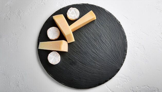 Black Slate Round Board For Serving Cheese And Snacks On A White Background