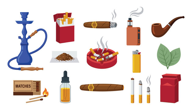 Smoking and tobacco products collection with hookah cigarettes cigar vape pipe lighter and ashtray set flat vector illustration