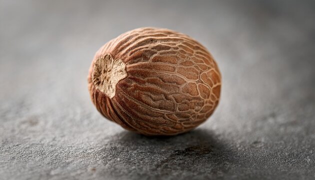 Close Up Shot Of Single Whole Nutmeg Seed With Textured Brown Shell Resting On Gray Stone Surface