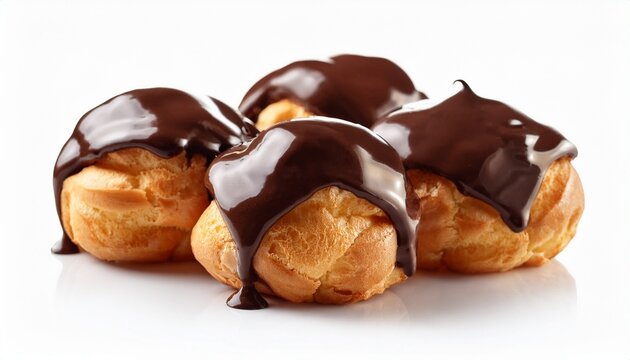 Homemade Profiteroles Covered With Chocolate Isolated On White