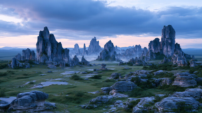 vast landscape filled with towering surreal natural rock pillars, ancient geological formations shaped by wind and erosion, dramatic storm clouds above the stone forest.