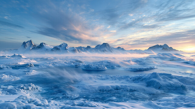 vast frozen landscape during an intense blizzard, powerful wind blowing snow across endless ice fields, distant mountains barely visible through the storm, dramatic atmospheric conditions.