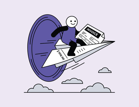 Stick figure riding an invoice shaped like an airplane against a light purple background billing payment accounts receivable finance