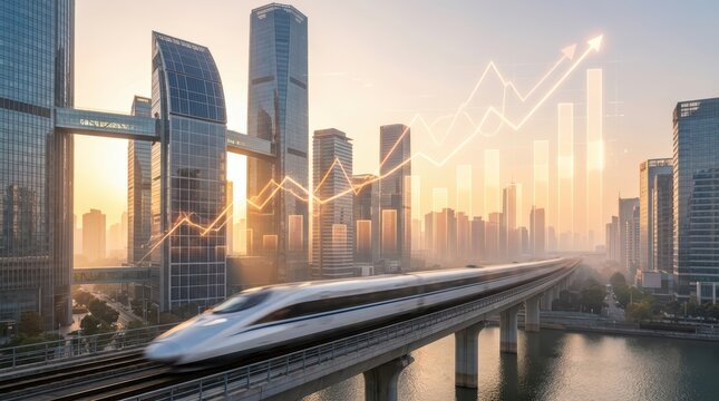 A high speed train travels on an elevated track past modern skyscrapers with a financial graph overlay