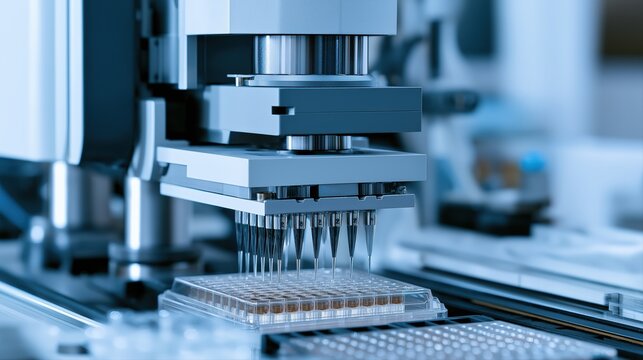 Automated Laboratory Robot Dispensing Liquid into Microplate