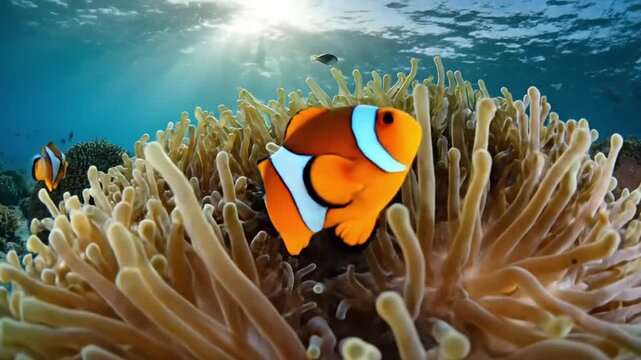 Vibrant clownfish inhabiting a sea anemone on a coral reef with sunlight filtering through the ocean surface