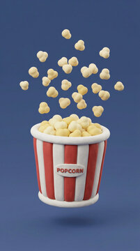 3D render of a striped popcorn bucket with floating popcorn kernels on a blue background.