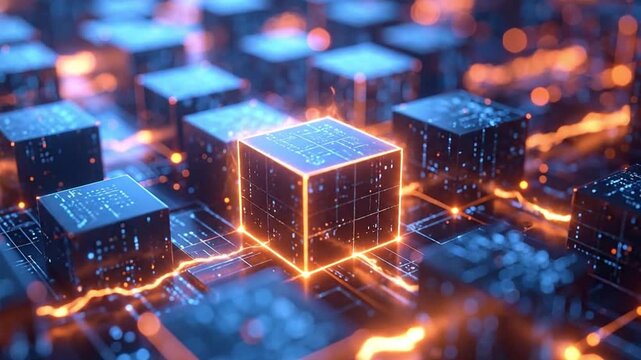 Glowing central cube representing data or AI processing unit amidst a complex digital network