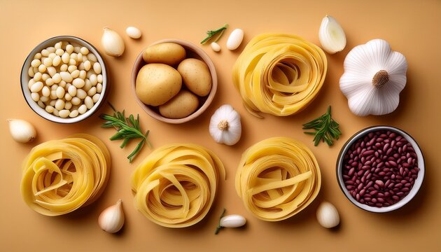 Symmetrical Flat Lay Of Pasta Potatoes Onion Garlic And White Beans