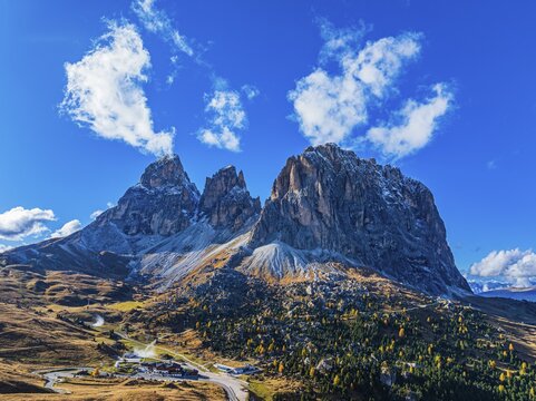 The peaks of the Sassolungo Group, Passo Sella, drone shot, Val Gardena, Dolomites, Autonomous Province of Bolzano, South Tyrol, Italy