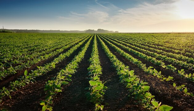 Rows Of Soybeans In The Morning Sunlight