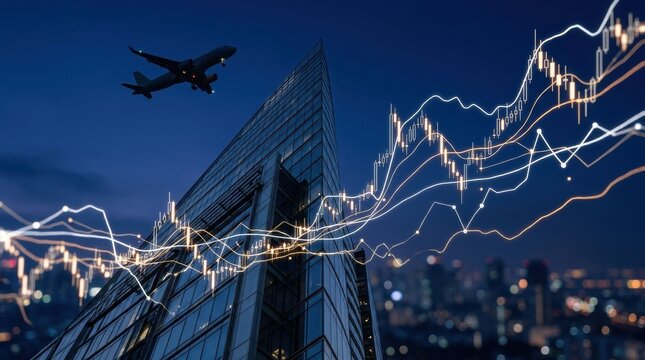 An airplane flies over a modern skyscraper with financial charts overlayed against a city skyline at dusk