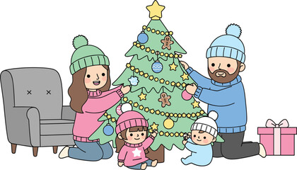 Naklejka premium WebHappy Family Decorating Christmas Tree Together With Ornaments and Lights Wearing Winter Hats and Sweaters Indoor Festive Holiday Celebration Cartoon Vector Illustration Isolated on White