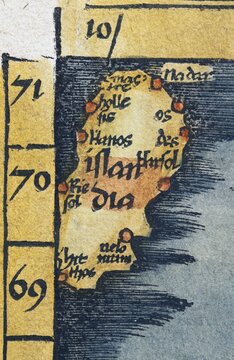 Iceland, detail from antique historical map of Scandinavia Norbegia & Gottia, by Lorenz Fries, Claudius Clavus and Martin Waldseem&uuml;ller, old coloured woodcut, Strasbourg 1541