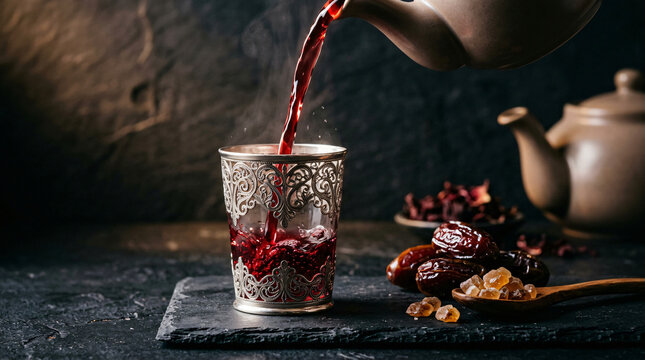Pouring hot red hibiscus tea into an ornate metal glass with dates on a dark stone background.