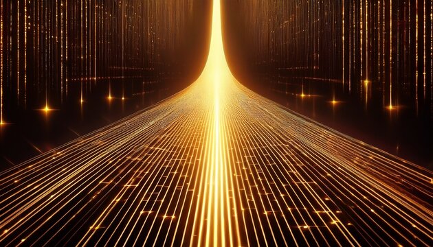 Algorithmic Path Straight Glowing Gold Binary Line Receding Into Void