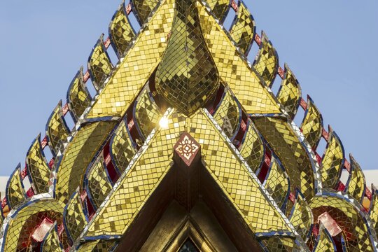 Chofas (distinctive features of Thai temple architecture), pointed roof ornaments, ubosot (ordination hall), Wat Pho, Bangkok, Thailand