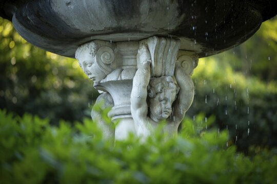 Detail of a fountain with stone putto statue and running water surrounded by greenery, Bardini Garden or Giardino Bardini, Florence, Tuscany, Italy