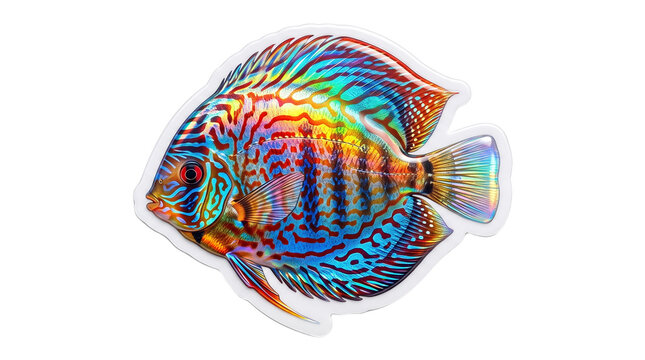 Holographic discus fish sticker, iridescent tropical cichlid decal, colorful aquatic animal cutout on white background