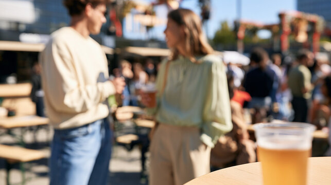 Abstract Blur of Two People Enjoying Drinks at Bright Outdoor Beer Festival with Copy Space
