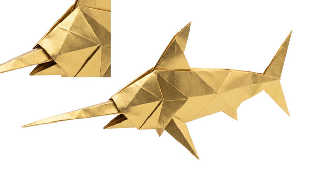 Golden origami swordfish on white background, metallic paper marlin sculpture, luxury geometric fish art, handcrafted gold foil sea creature
