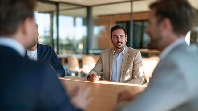 Corporate Executives Seated Around Modern Blurred Conference Table