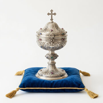 Ornate silver religious chalice with cross on blue velvet cushion