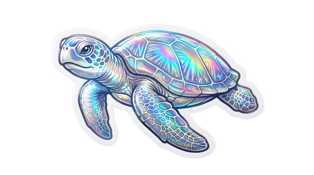 Holographic sea turtle illustration with iridescent shell. Rainbow ocean animal design. Shimmering reptile art with pearlescent colors. Decorative sticker sticker set for summer and travel.