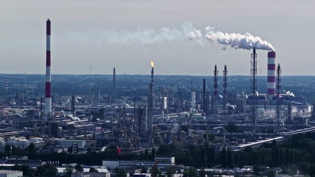 Aerial view of Orlen Plock Production Plant with industrial chimneys and smoke plumes in Plock, Mazowieckie, Poland.