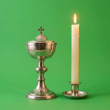 Silver chalice and lit candle on green background
