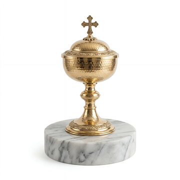 Golden chalice with cross on marble base over white background