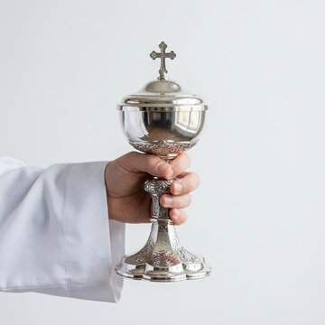 Priest holding silver holy chalice with cross