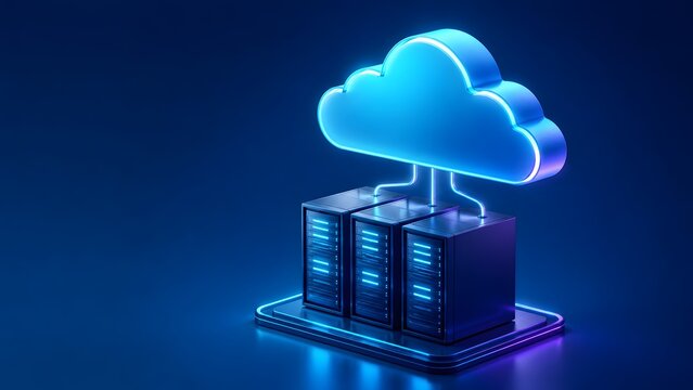 Floating neon cloud icon connected to three server racks on a digital platform representing secure cloud computing and data storage