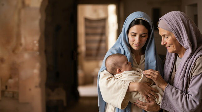 Virgin Mary holding baby Jesus with Saint Anne looking on. Biblical scene of holy family in ancient stone home. Motherhood and faith concept with copy space
