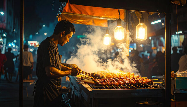 Street food vendor grilling meat skewers at a night market stall