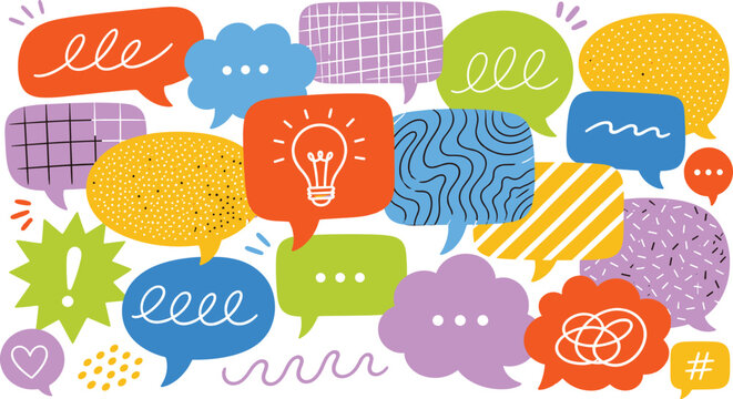 Colorful abstract speech bubbles with playful textured patterns in scribble style. Modern creative communication, chat, discussion concept. Multiple messages group. Colored flat vector illustration