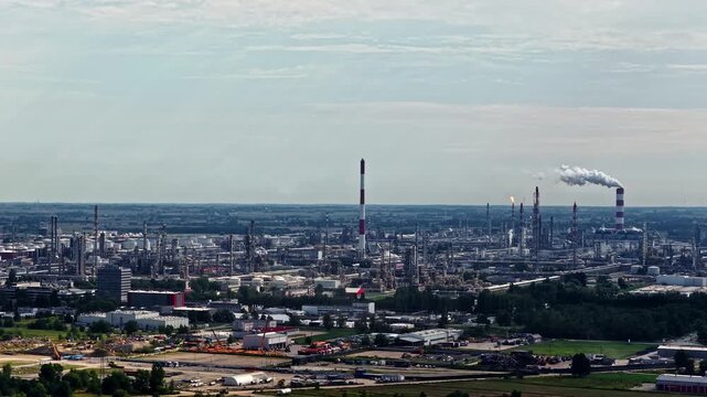 Aerial view of the Orlen Plock Production Plant with industrial chimneys, storage tanks, and sprawling refinery infrastructure in Plock, Wojewodztwo mazowieckie, Poland.