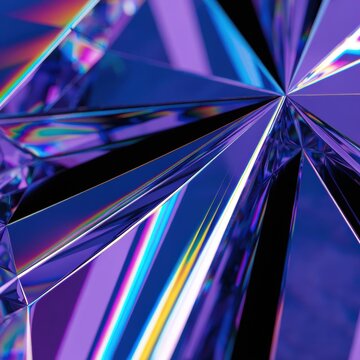 Close-up of a faceted, iridescent purple crystal with sharp edges