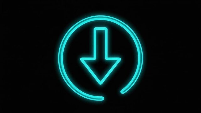 Glowing Blue Neon Downward Arrow Icon Animation for Download and Data Transfer Concepts on Dark Background