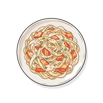 Kimchi cream pasta illustration on a white plate, fusion cuisine food drawing.