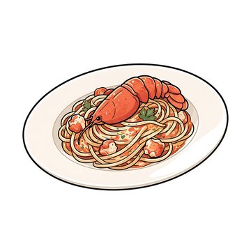 Lobster linguine pasta dish illustration on a white plate for menu design.