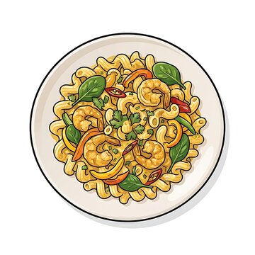 Top view illustration of shrimp curry pasta with coconut sauce and fresh spinach