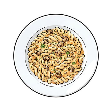 Hand drawn illustration of fusilli pasta with mushrooms in a creamy sauce on a plate